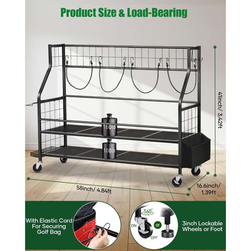 Golf Equipment Garage Organizer - Golf Bag Storage Rack on Wheels